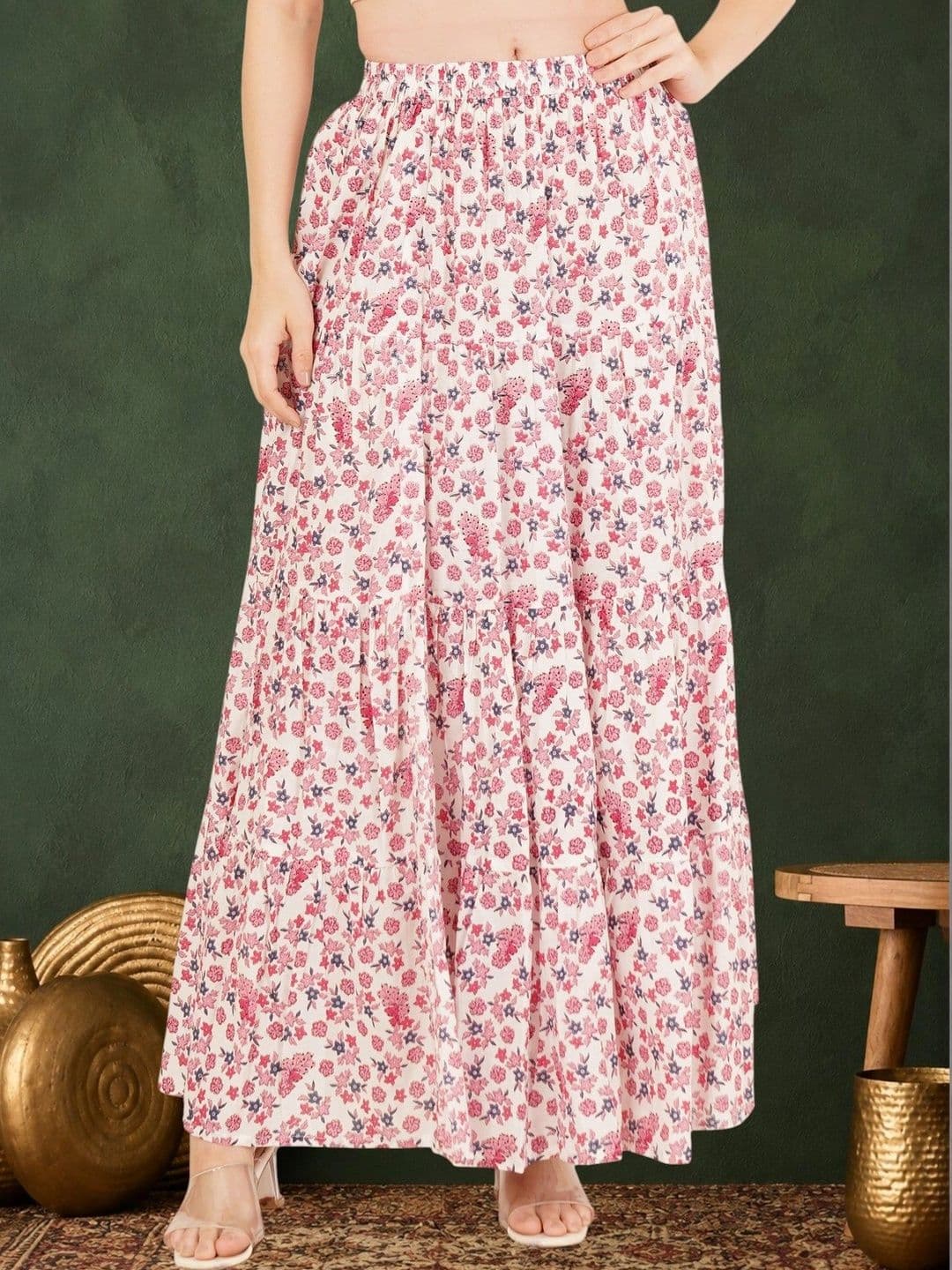 Sangria Women Pure Cotton Blend Cotton Cambric Floral Maxi Flared Skirt - view 1