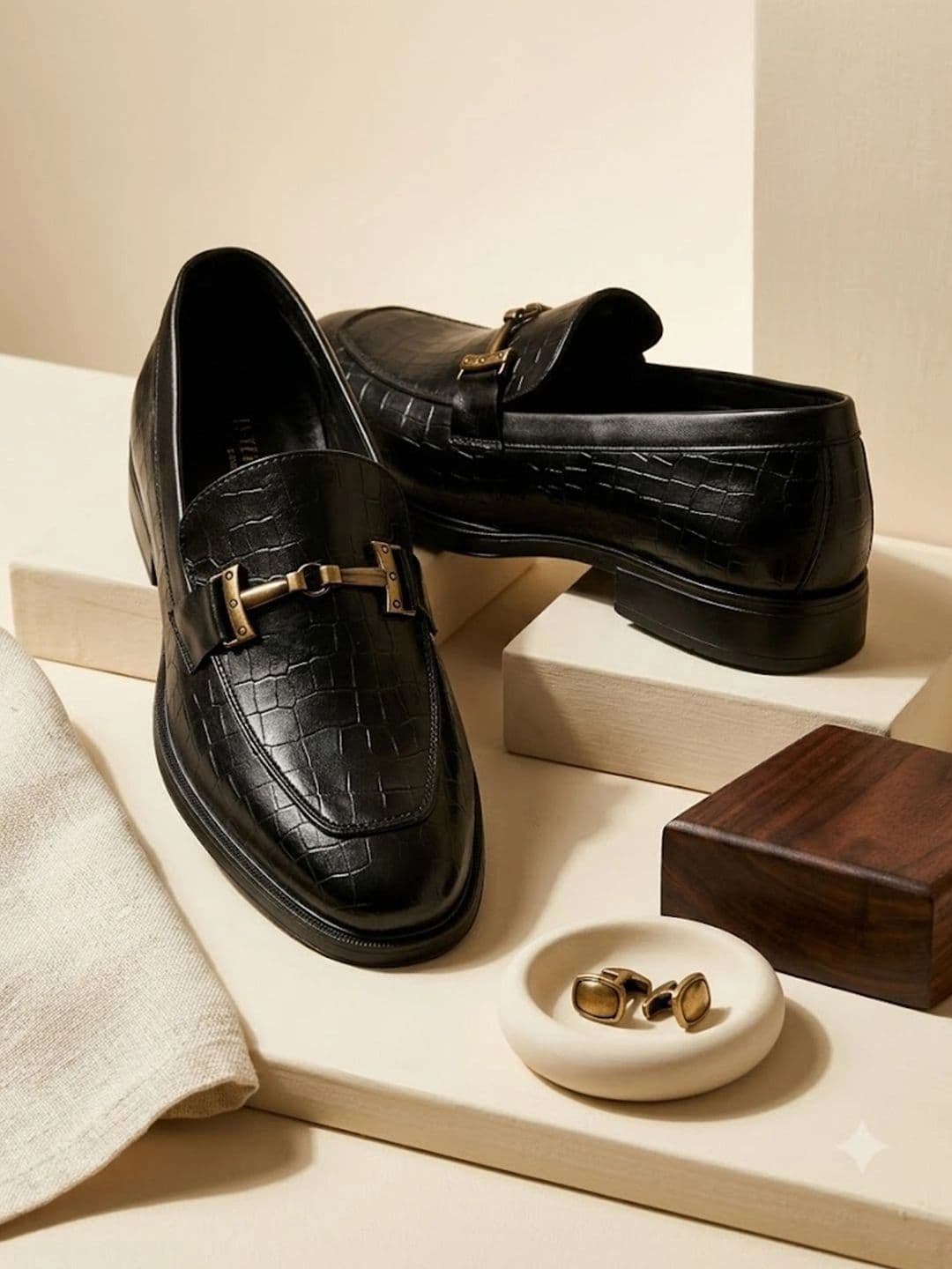 House of Pataudi Men Textured Synthetic Leather Round Toe Slip-On Formal Loafers - view 1