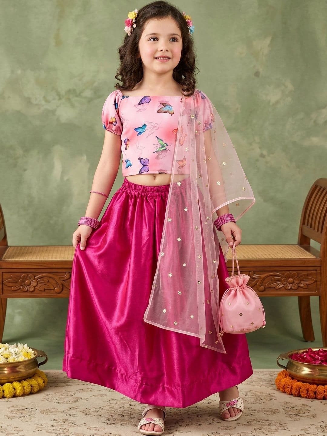 Sangria Girls Printed Sequinned Ready to Wear Lehenga & Blouse With Dupatta - view 1