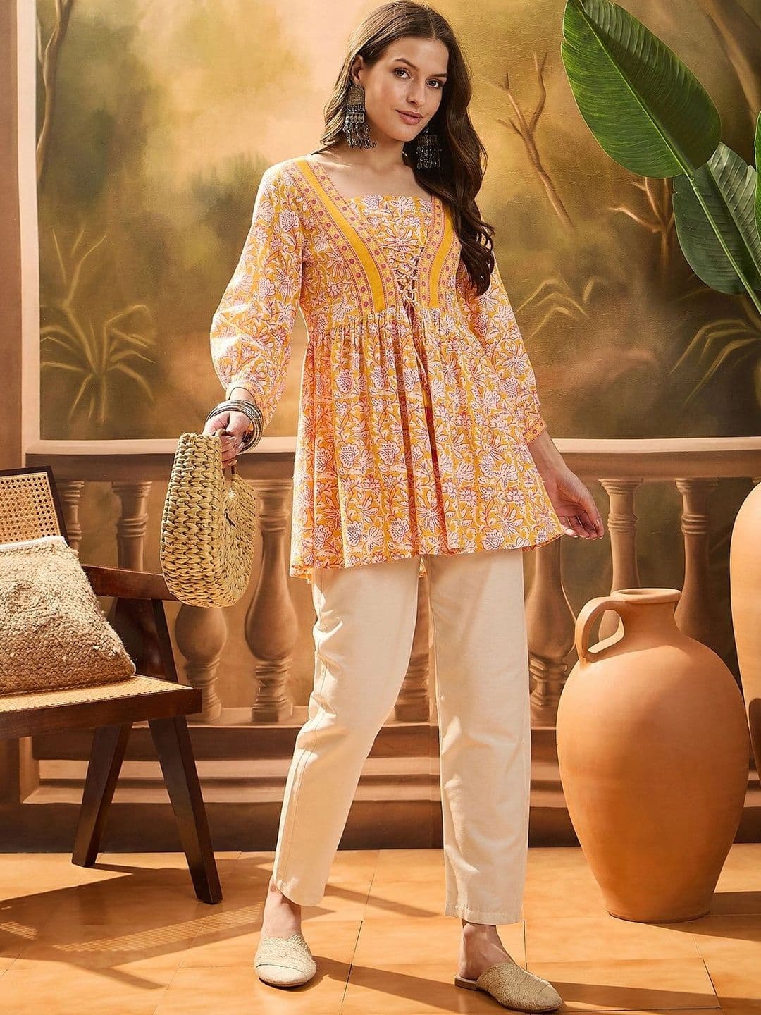 Sangria Floral Printed Square Neck Pure Cotton Empire Kurti - view 1