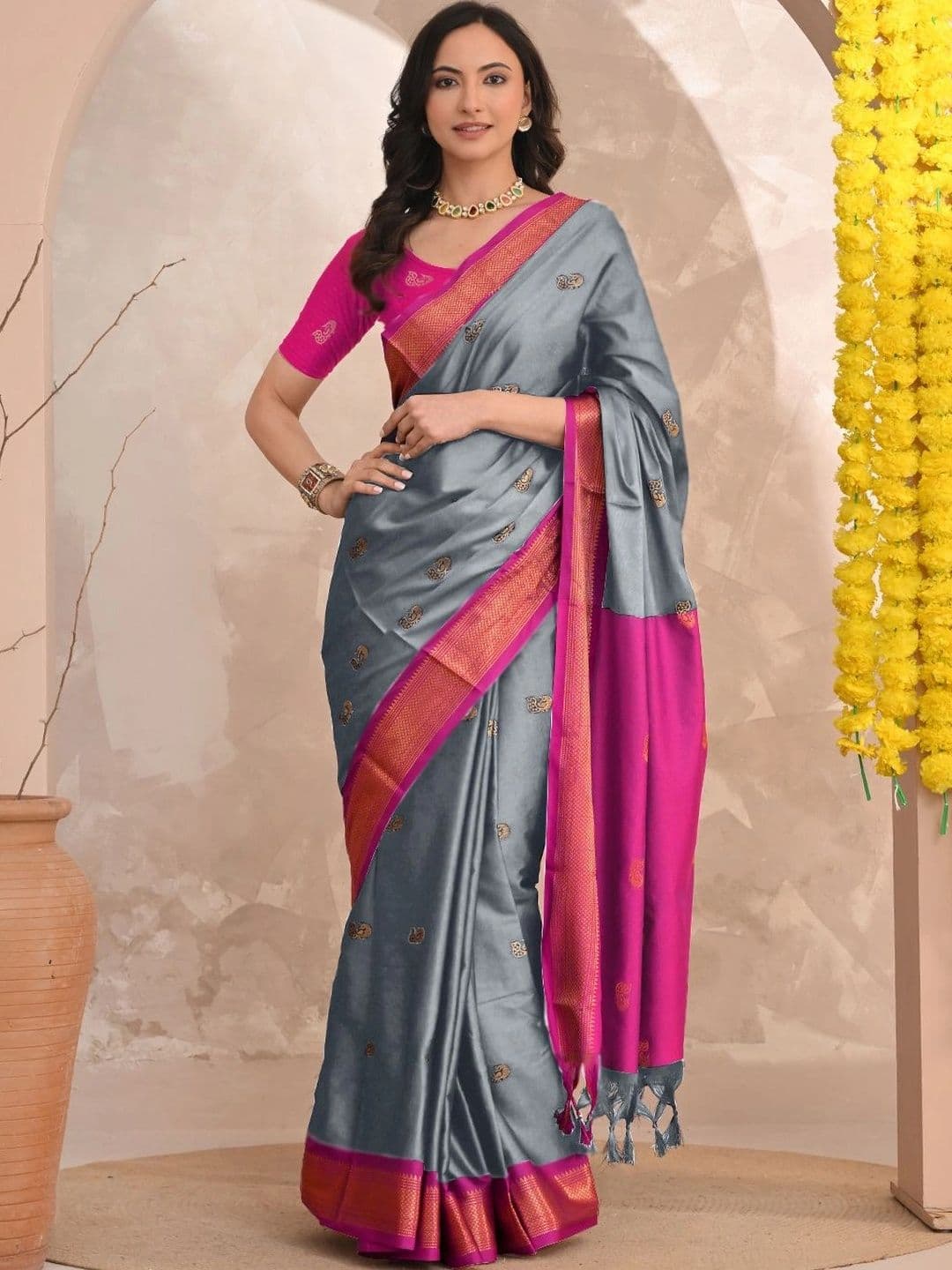 UMANTA Ethnic Motifs Embroidered Silk Cotton Designer Paithani Saree - view 1