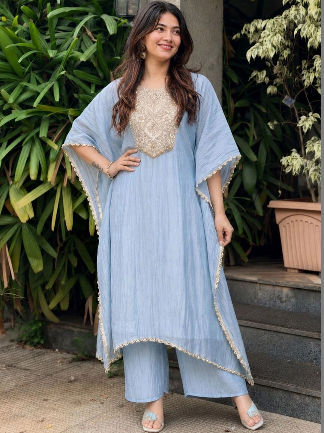 Sangria Women Embroidered Tissue Silk Kurta with Palazzo Set - view 1