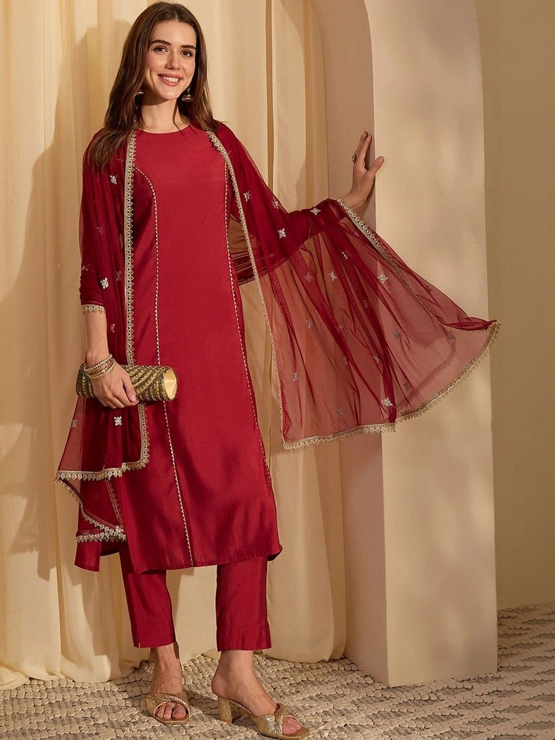 Janasya Women Floral Regular Gotta Patti Chanderi Silk Kurta with Trousers & Dupatta - view 1