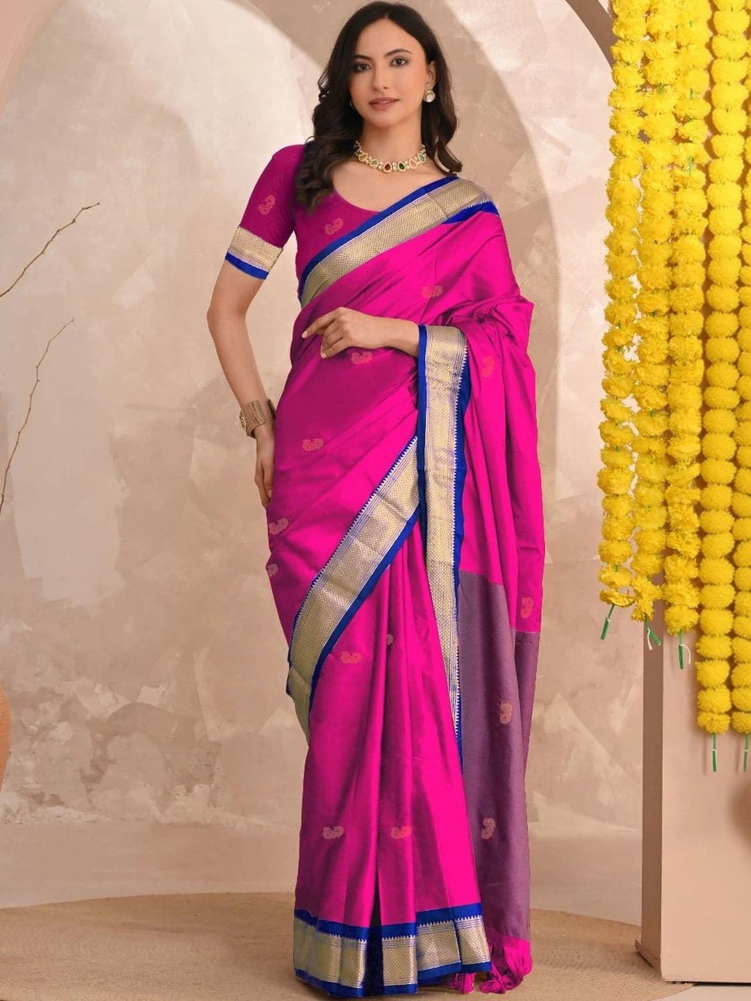 UMANTA Ethnic Motifs Zari Silk Cotton Designer Paithani Saree - view 1