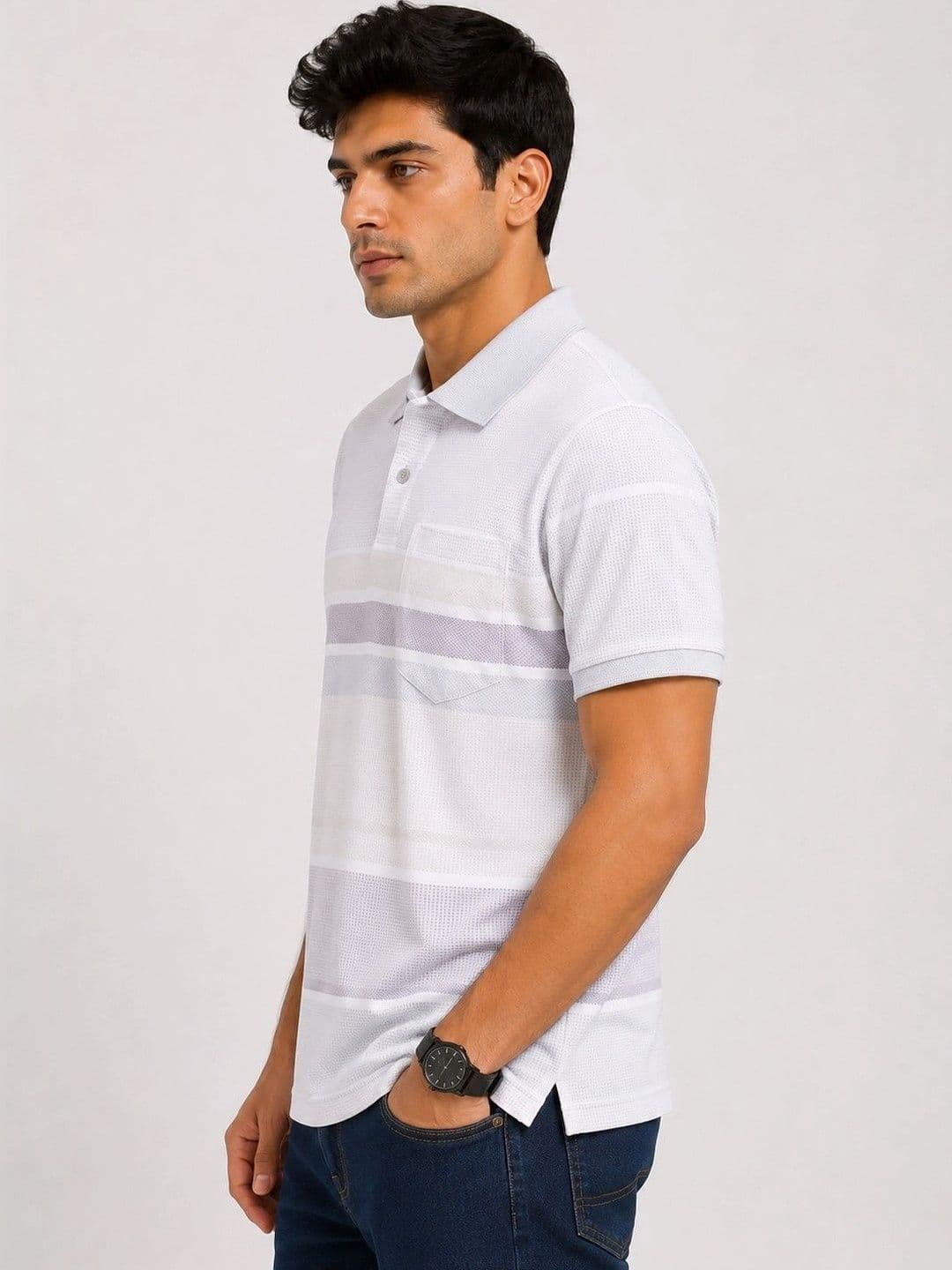 OKIA Men Striped Polo Collar Pure Cotton Blend Pockets T-shirt - view 1