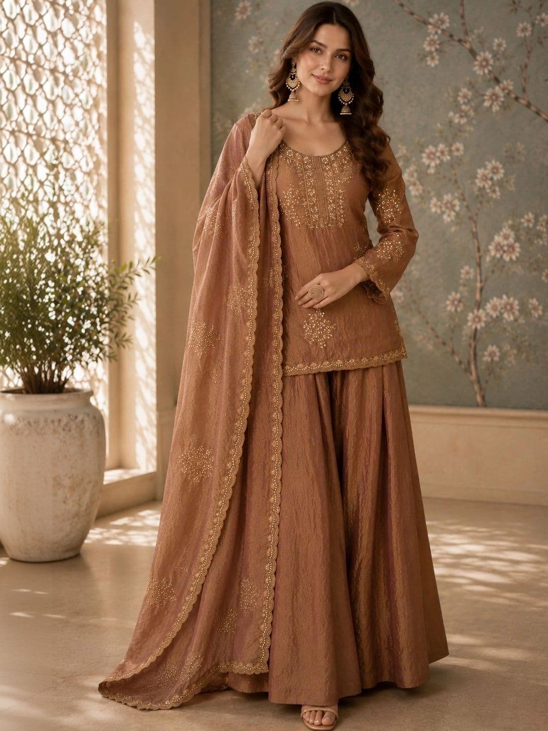 Sangria Women Ethnic Motifs Embroidered Regular Thread Work Dupion Silk Kurta with Sharara & With Dupatta - view 1