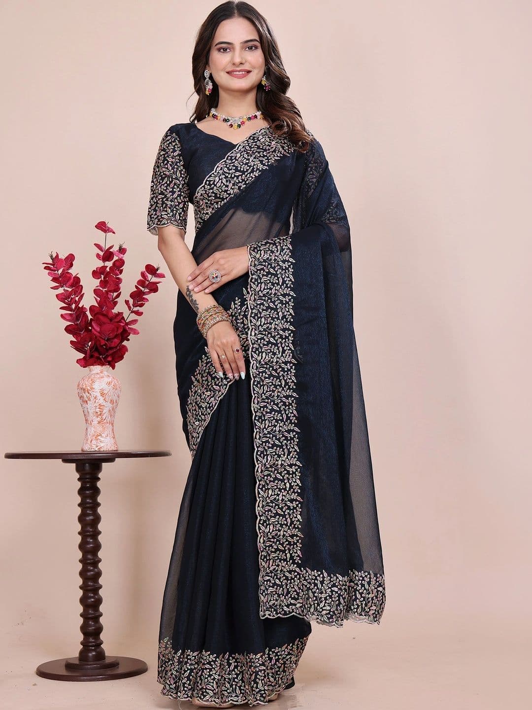 Mitera Floral Embroidered Poly Georgette Designer Saree - view 1