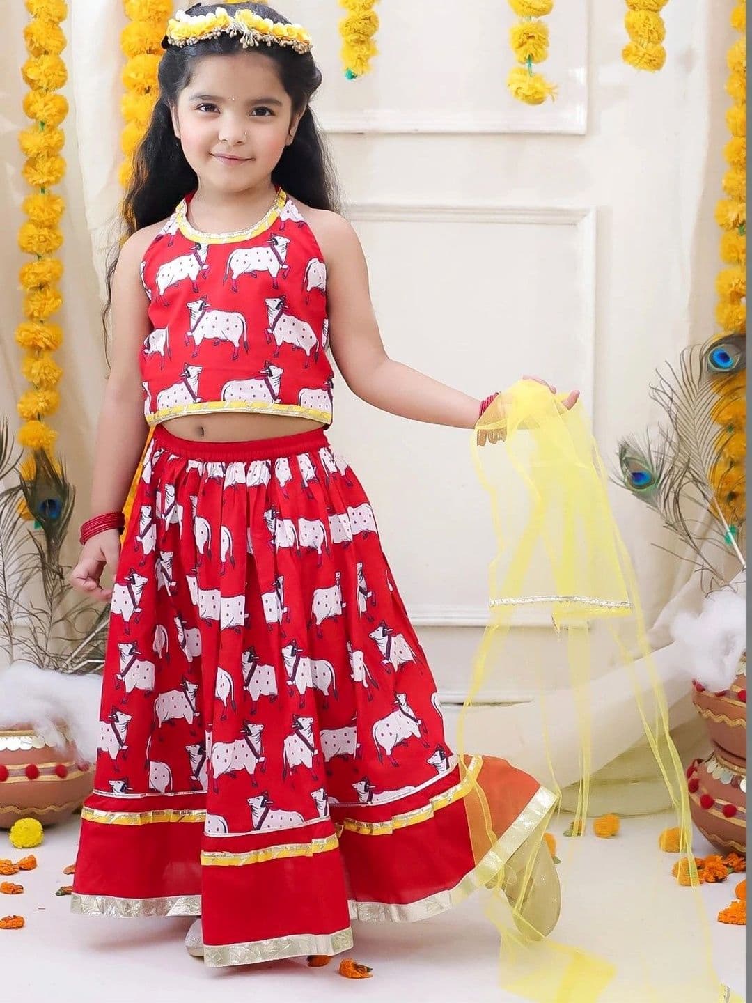 BownBee Pure Cotton Printed Halter Choli & Lehenga With Dupatta Set For Girls Red - view 1