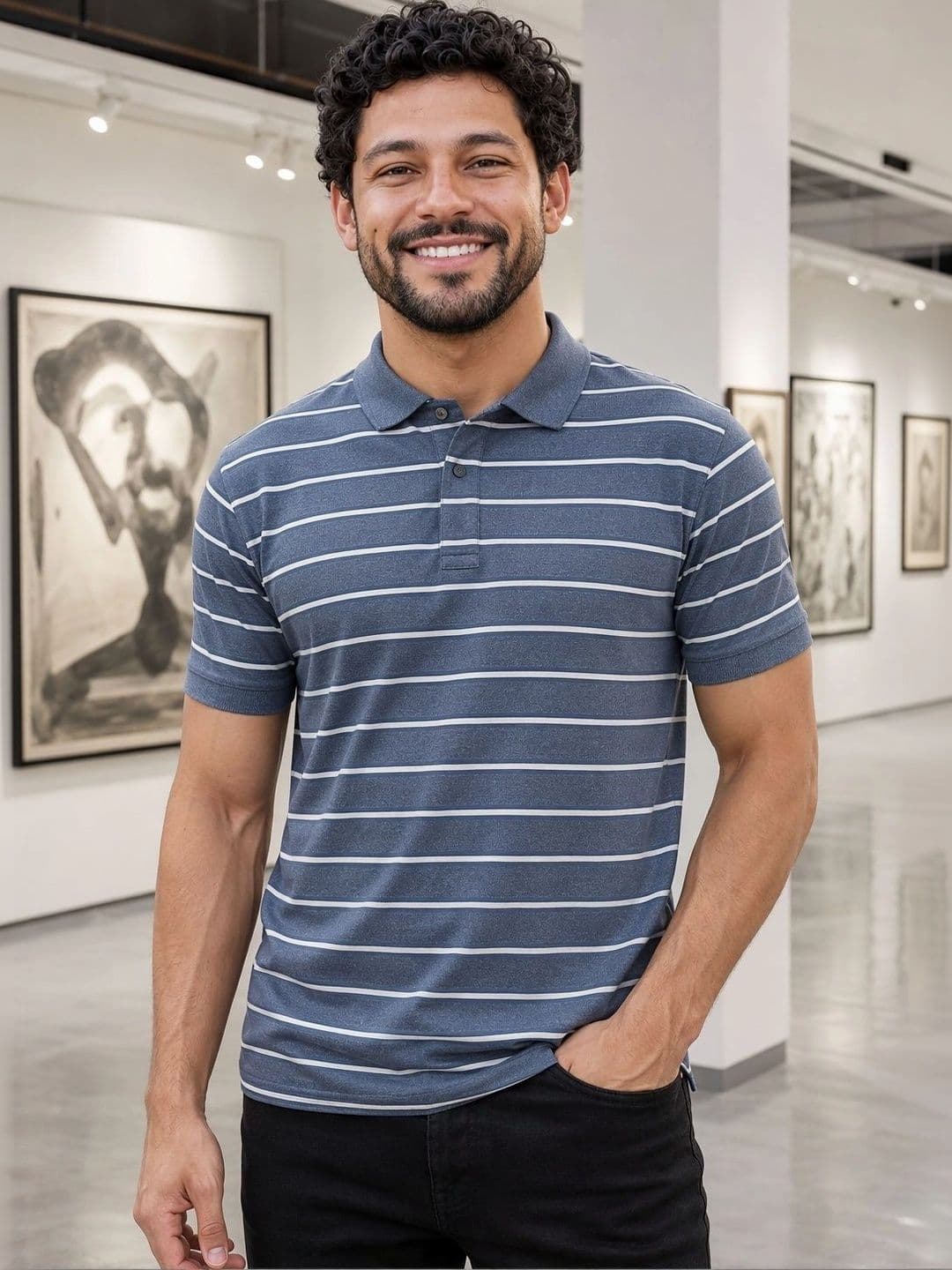 Y.O.U Men Striped Polo Collar T-shirt - view 1