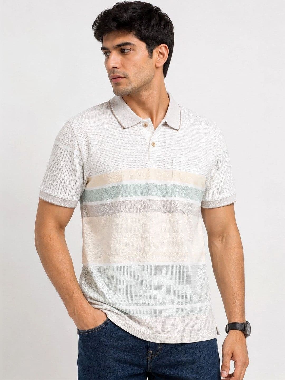 OKIA Men Colourblocked Polo Collar Pure Cotton Blend Pockets T-shirt - view 1