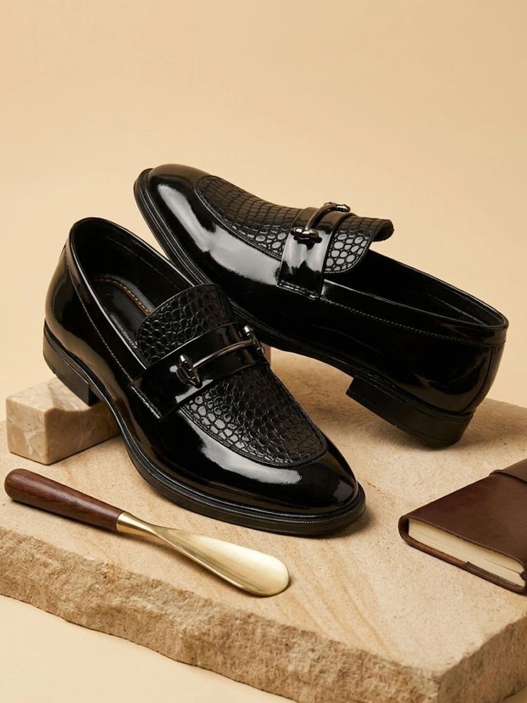 House of Pataudi Men Textured Synthetic Leather Round Toe Slip-On Formal Loafers - view 1