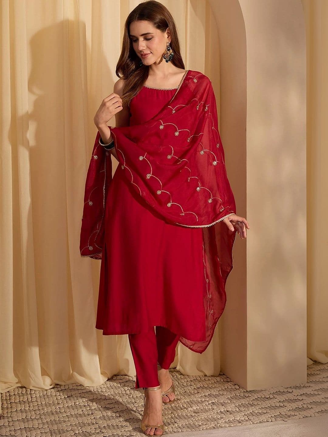 Janasya Women Floral Regular Gotta Patti Kurta with Trousers & With Dupatta - view 1
