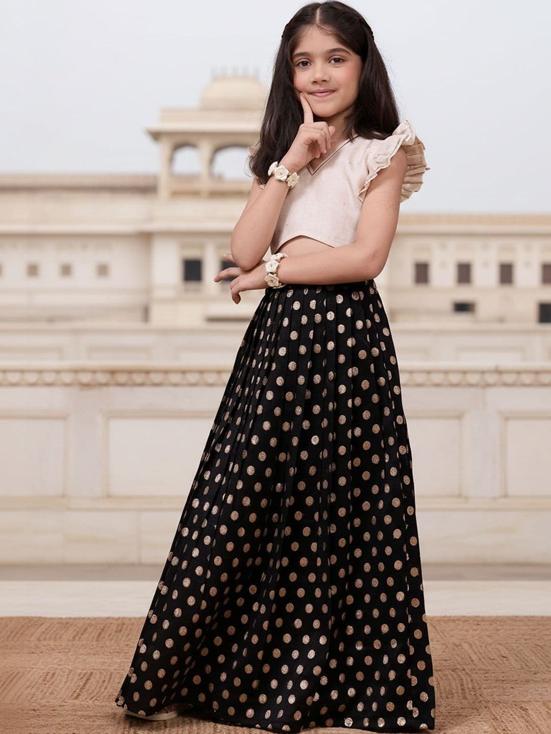Sangria Girls V-Neck Embellished Foil Print Ready to Wear Lehenga Choli Set - view 1