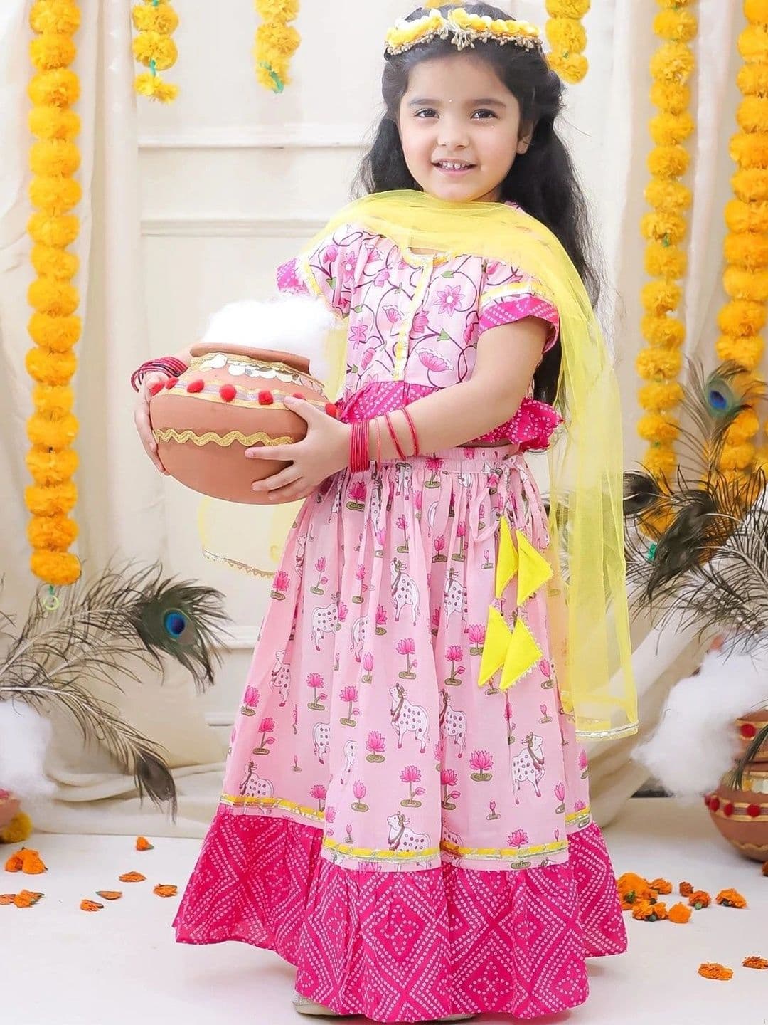 BownBee Pure Cotton Lehenga Choli & Dupatta Set For Girls Pink - view 1