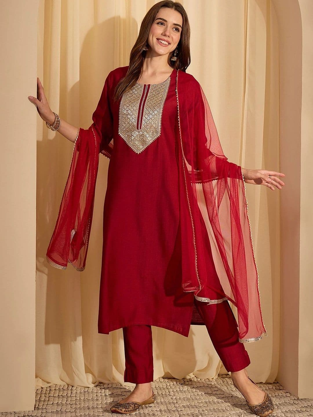 Janasya Women Floral Regular Sequinned Kurta with Trousers & With Dupatta - view 1