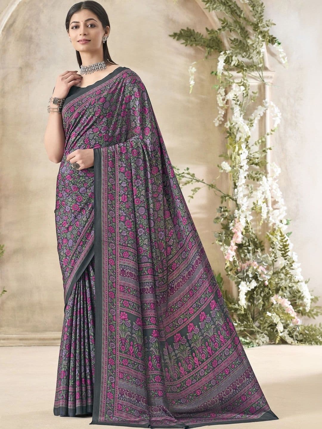 The Textile Hub Floral Pure Crepe Saree - view 1