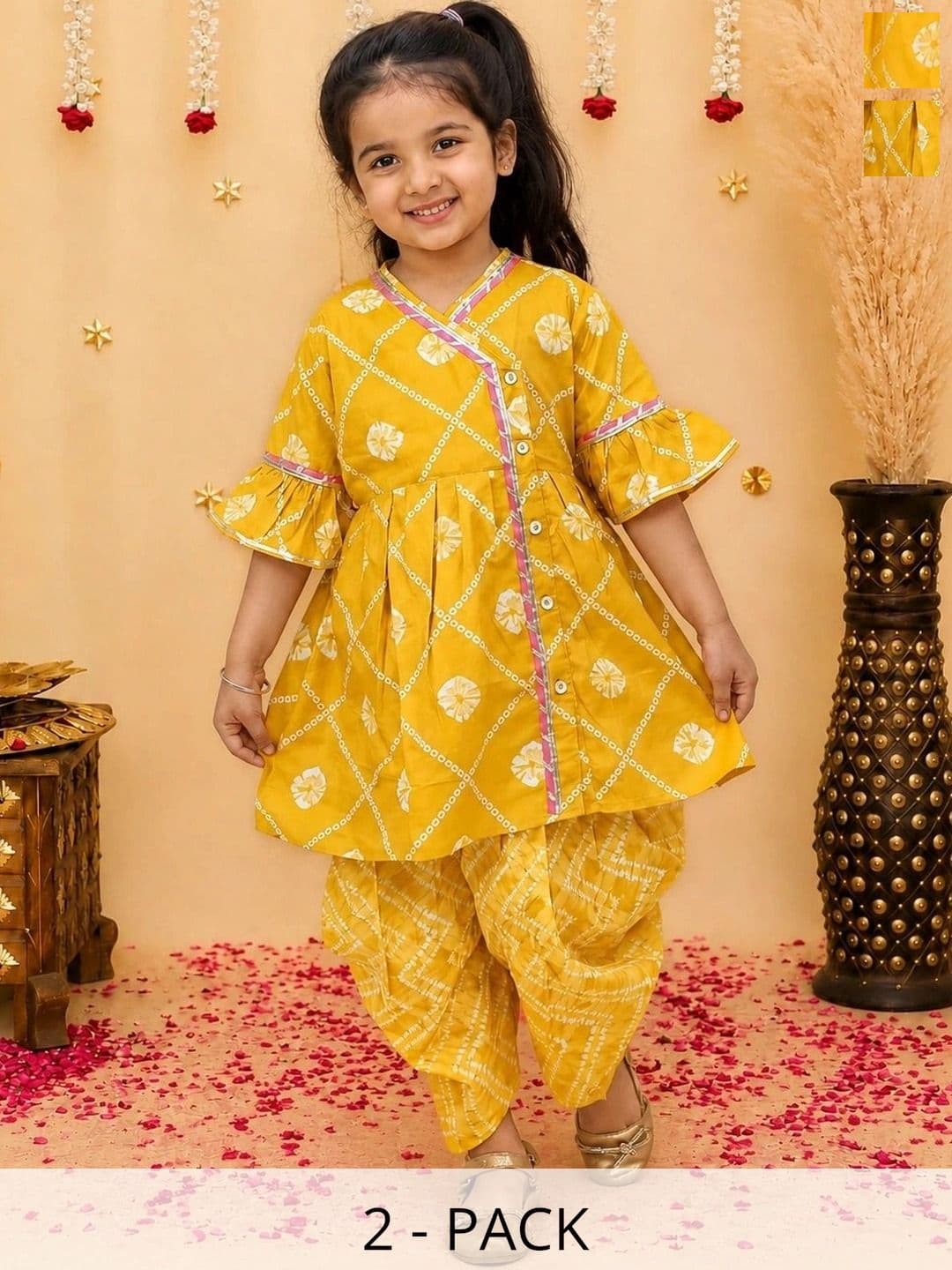 BownBee Girls Mustard Indo-Western Angarakha Kurti With Dhoti - view 1