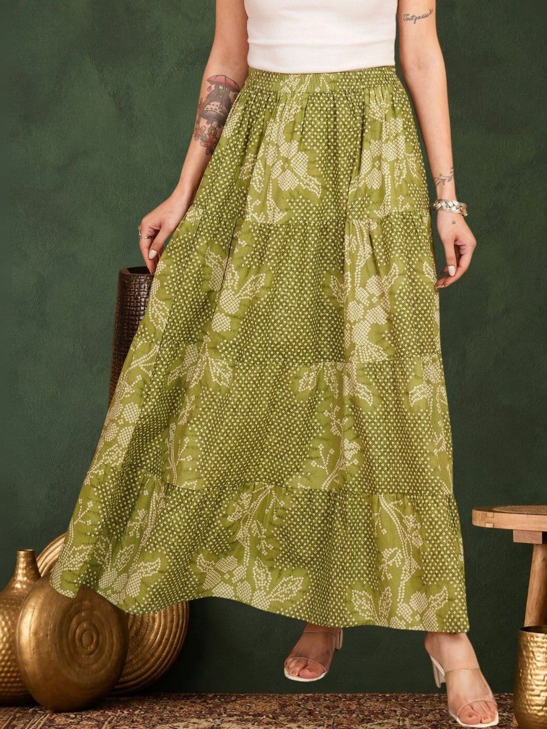 Sangria Women Pure Cotton Blend Cotton Cambric Floral Tiered Maxi Tiered Skirt - view 1