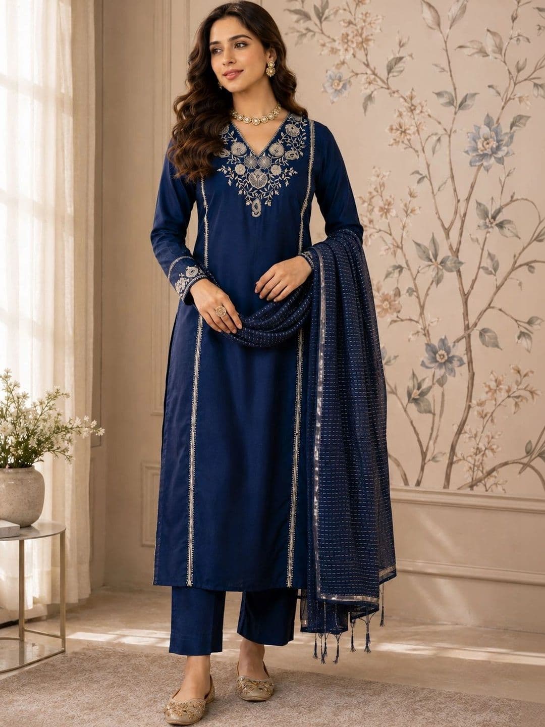 Sangria Women Embroidered Regular Thread Work Kurta with Trousers & With Dupatta - view 1