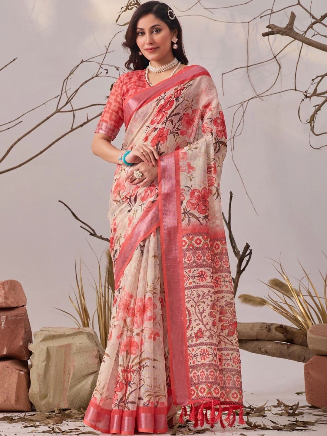 KALINI Floral Linen Blend Designer Saree - view 1