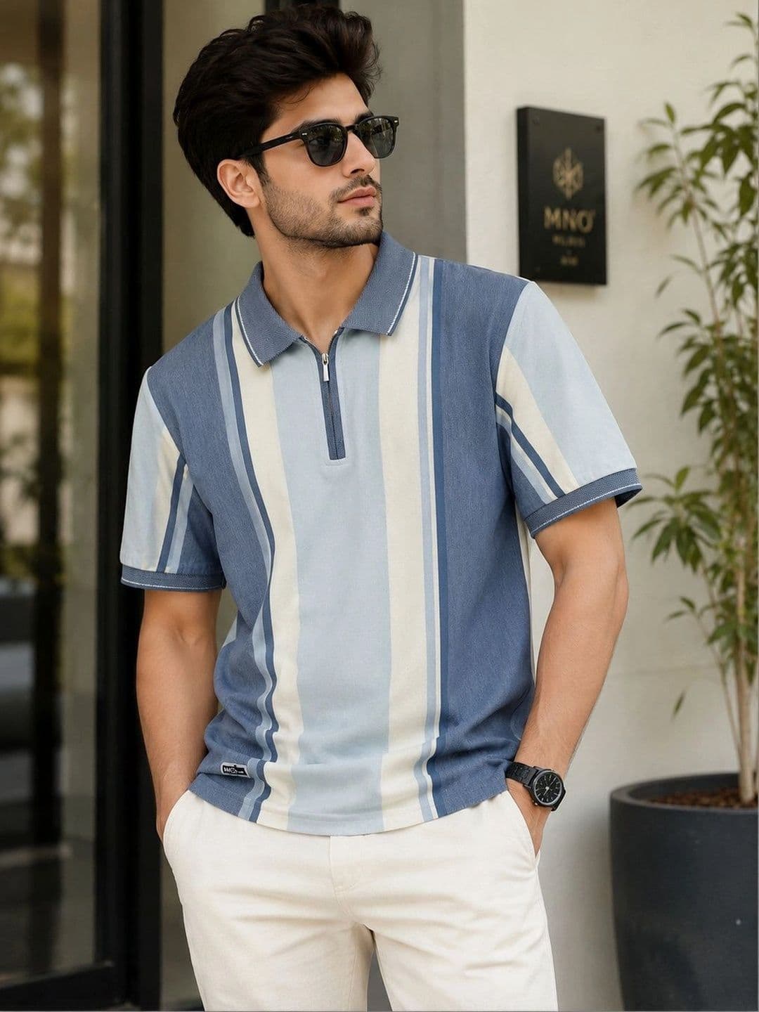 MNO Men Striped Polo Collar T-shirt - view 1