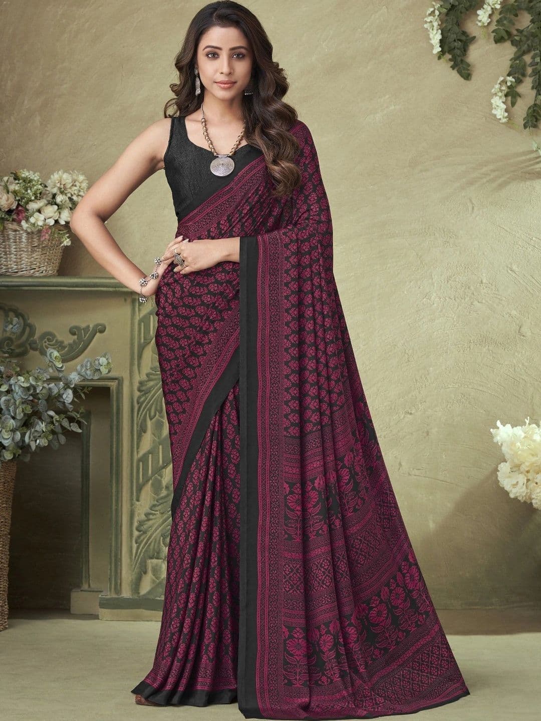 KALINI Floral Pure Crepe Saree - view 1