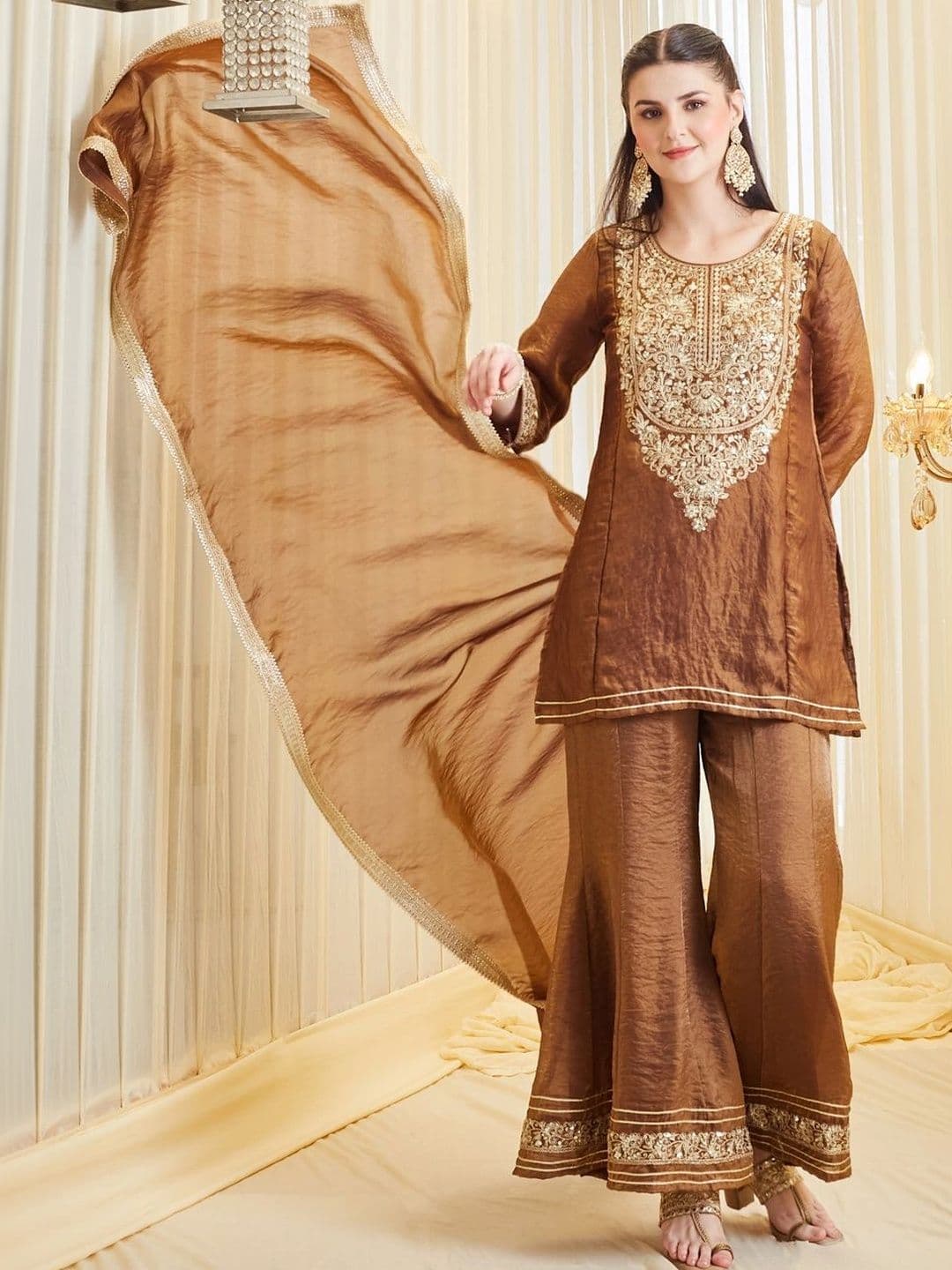 Colors of Earth Colors of Earth Women Embroidered Regular Thread Work Pure Silk Kurti with Palazzos & With Dupatta - view 1