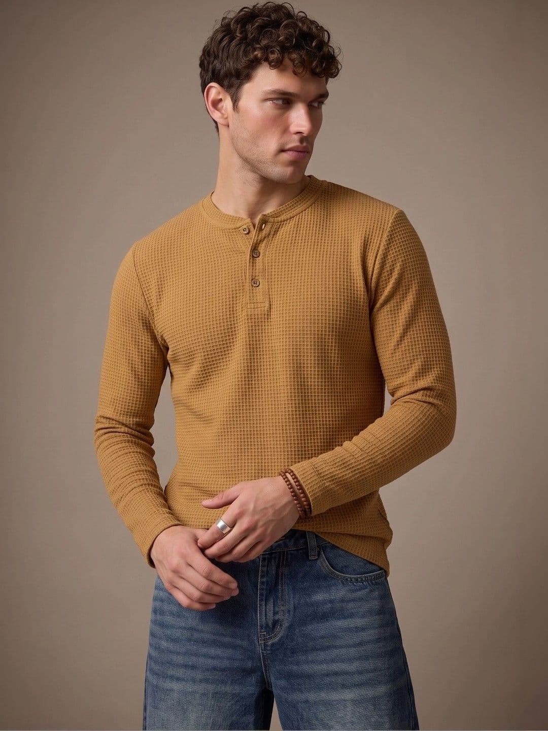 glitchez Brown Henley Neck Regular Fit T-shirt - view 1
