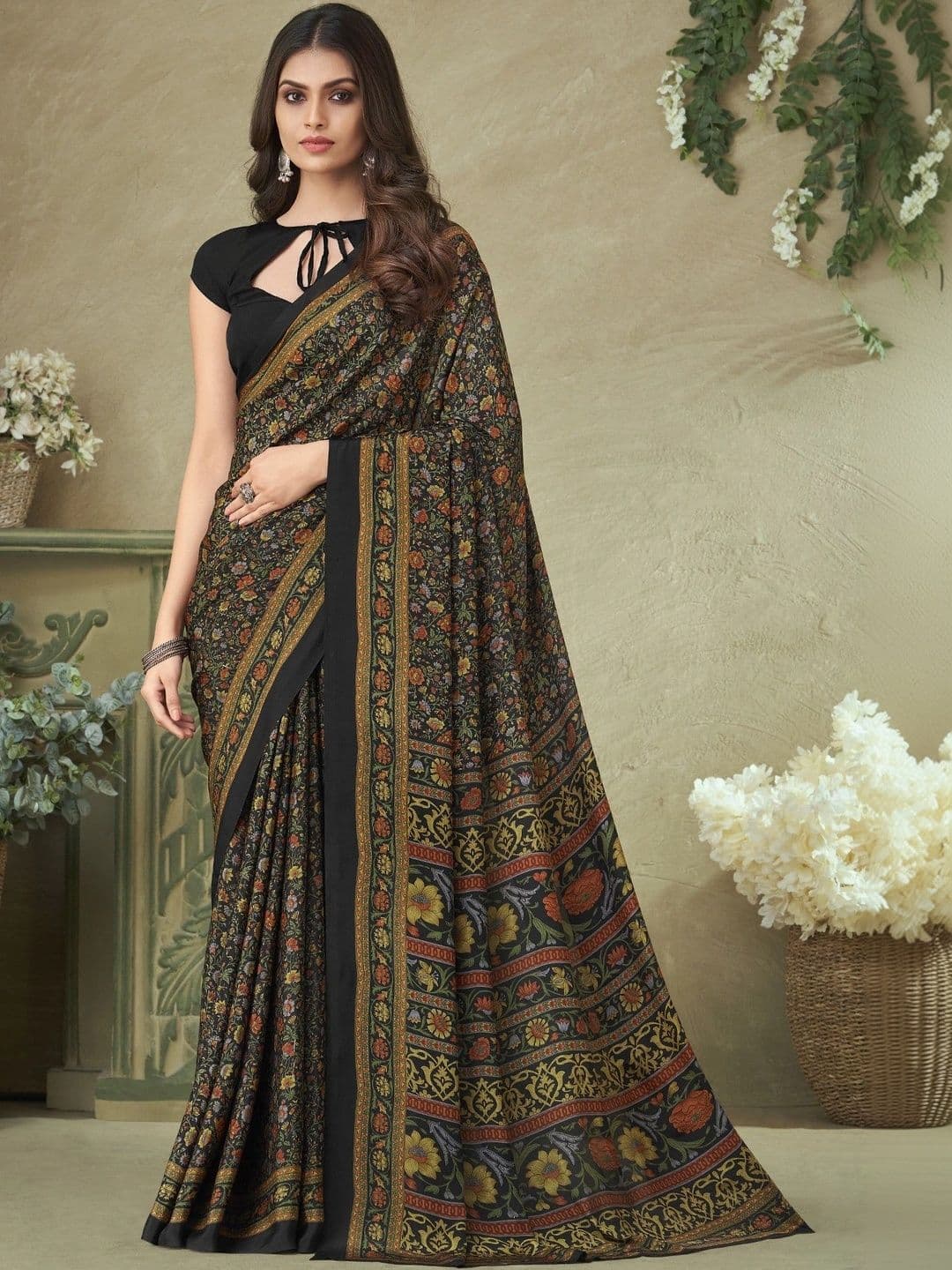 Ambuja International Floral Pure Crepe Saree - view 1