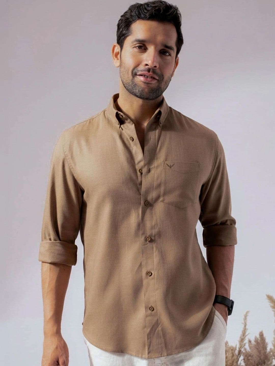 Perch Men Brown Linen Cotton Button down solid Shirt - view 1