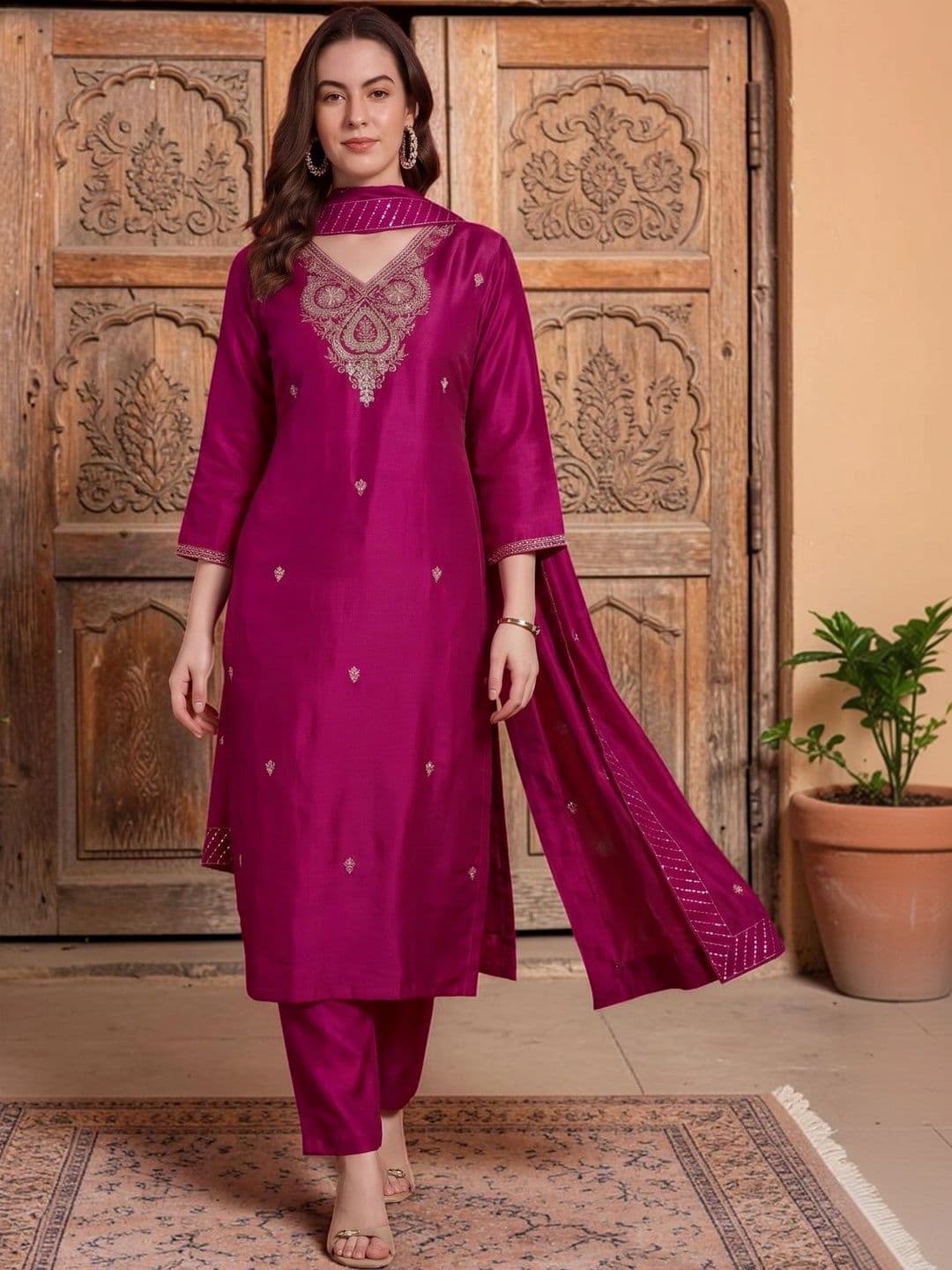 KALINI Women Ethnic Motifs Regular Thread Work Kurta with Trousers & With Dupatta - view 1