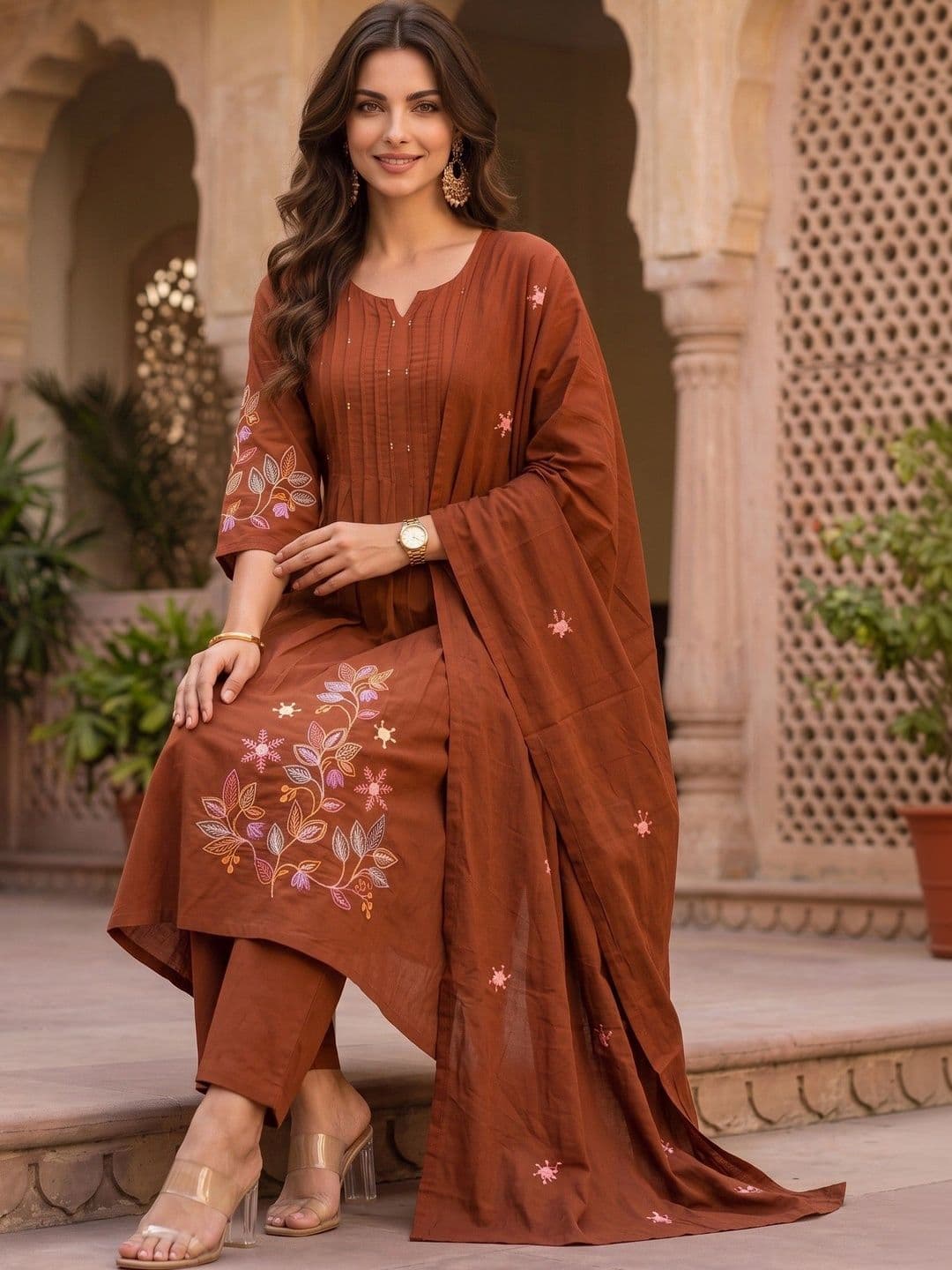 Sangria Women Floral Embroidered Regular Thread Work Pure Cotton Kurta with Harem Pants & With Dupatta - view 1