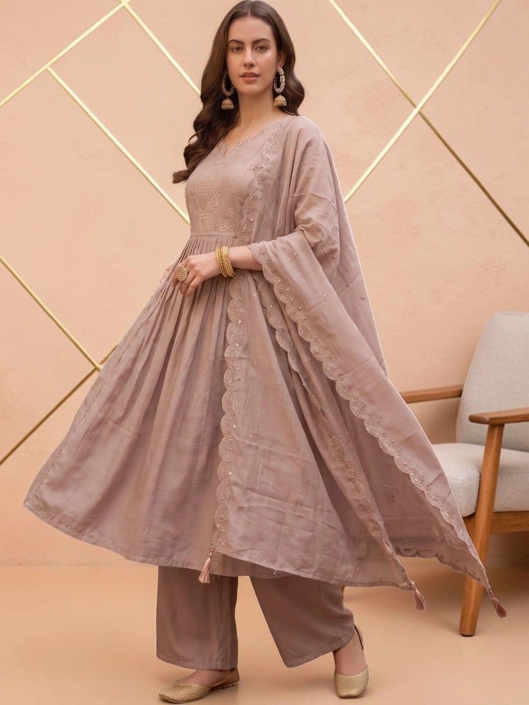 all about you Women Ethnic Motifs Embroidered Pleated Kurta with Palazzos & With Dupatta - view 1