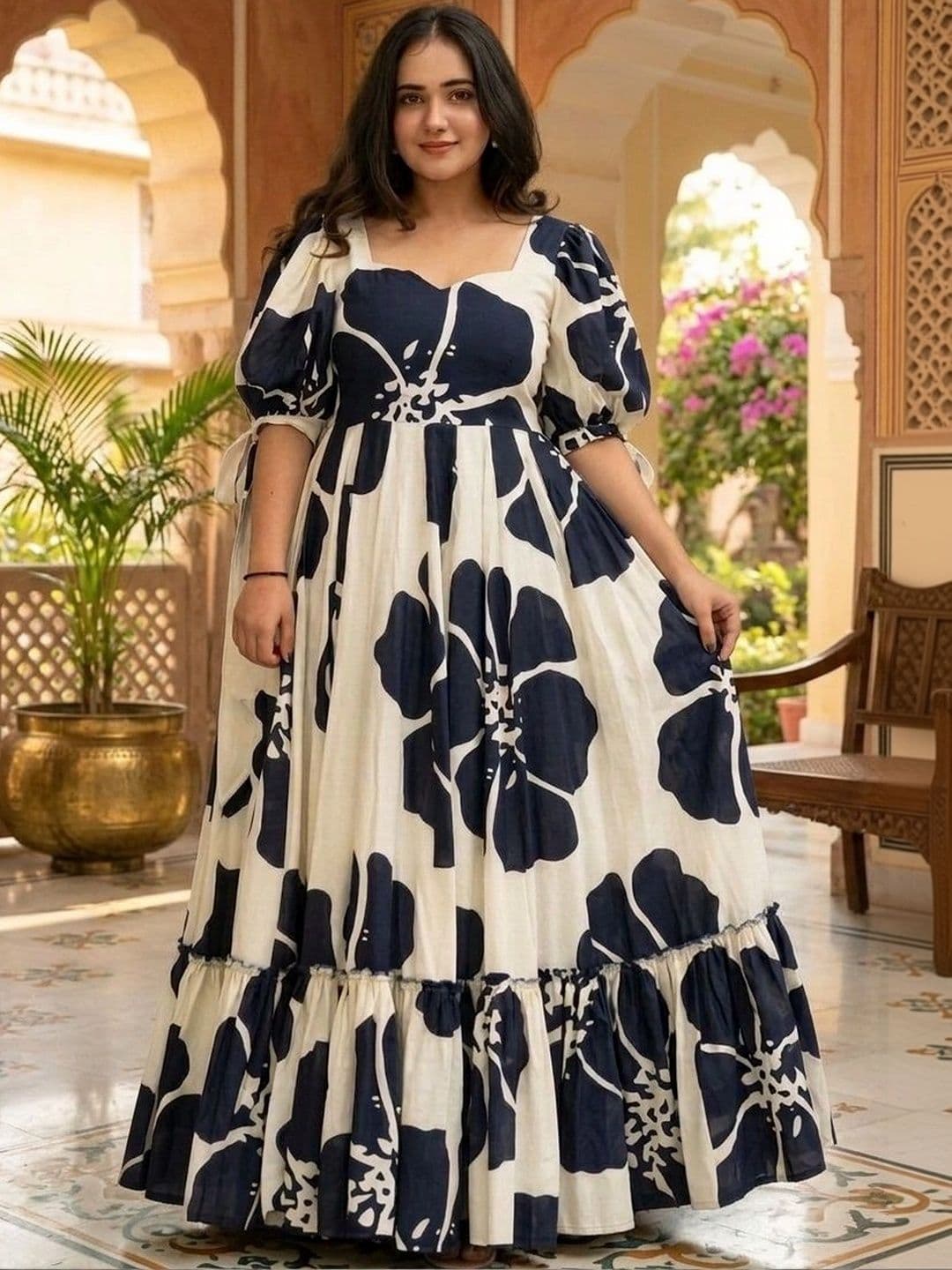 HERE&NOW Printed Pure Cotton Square Neck Gown Ethnic Dresses - view 1