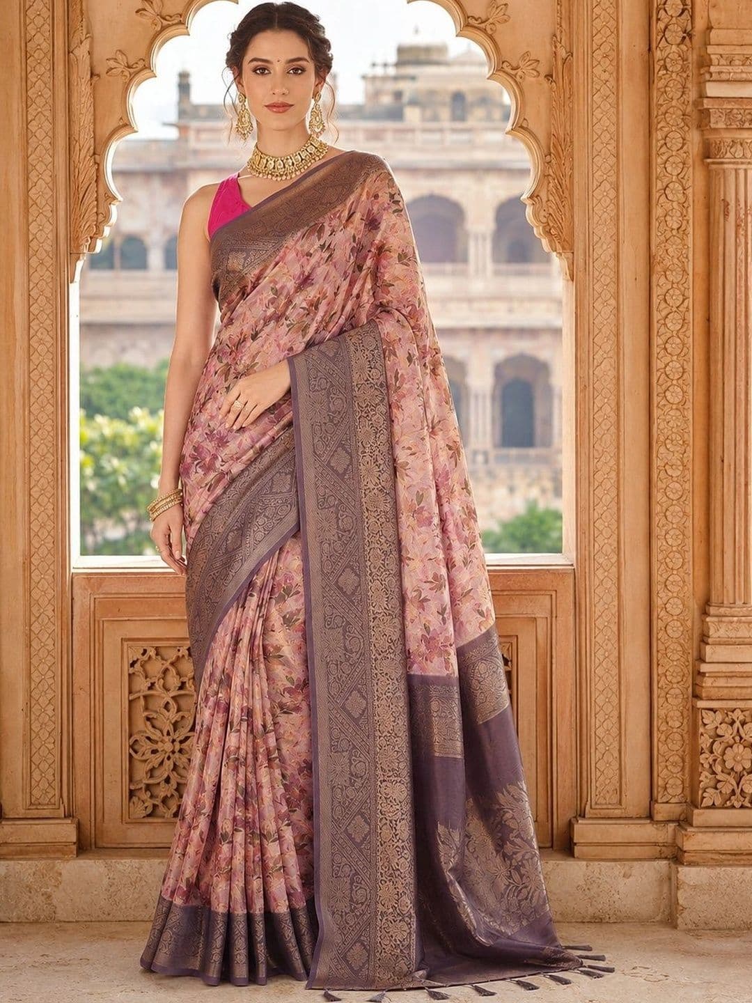 HERE&NOW Floral Zari Silk Cotton Handloom Kanjeevaram Saree - view 1