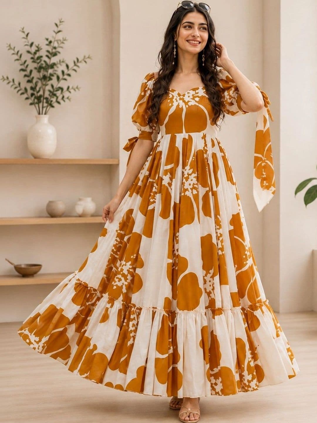 HERE&NOW Printed Pure Cotton Square Neck Gown Ethnic Dresses - view 1