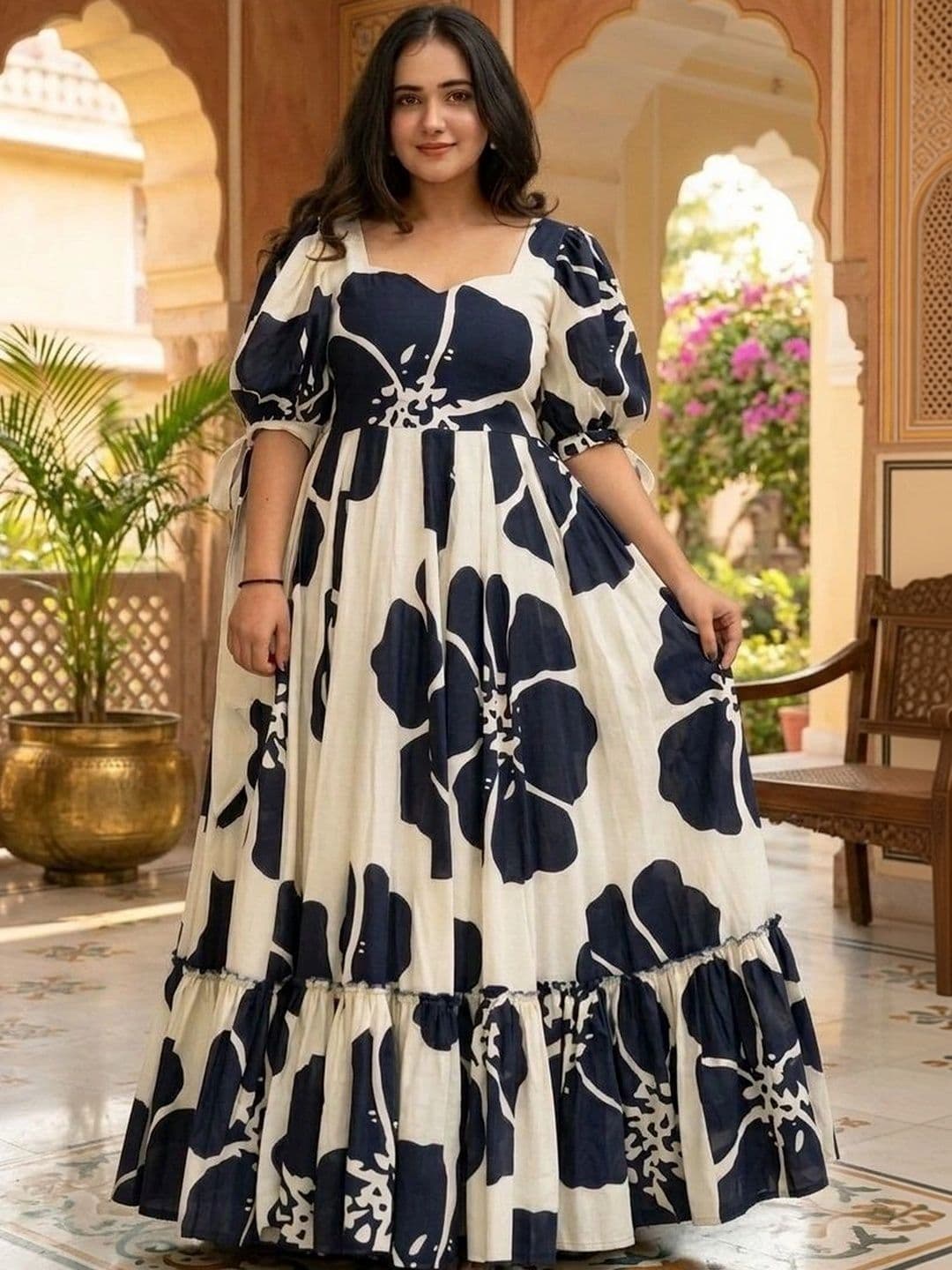 HERE&NOW Printed Pure Cotton Square Neck Gown Ethnic Dresses - view 1