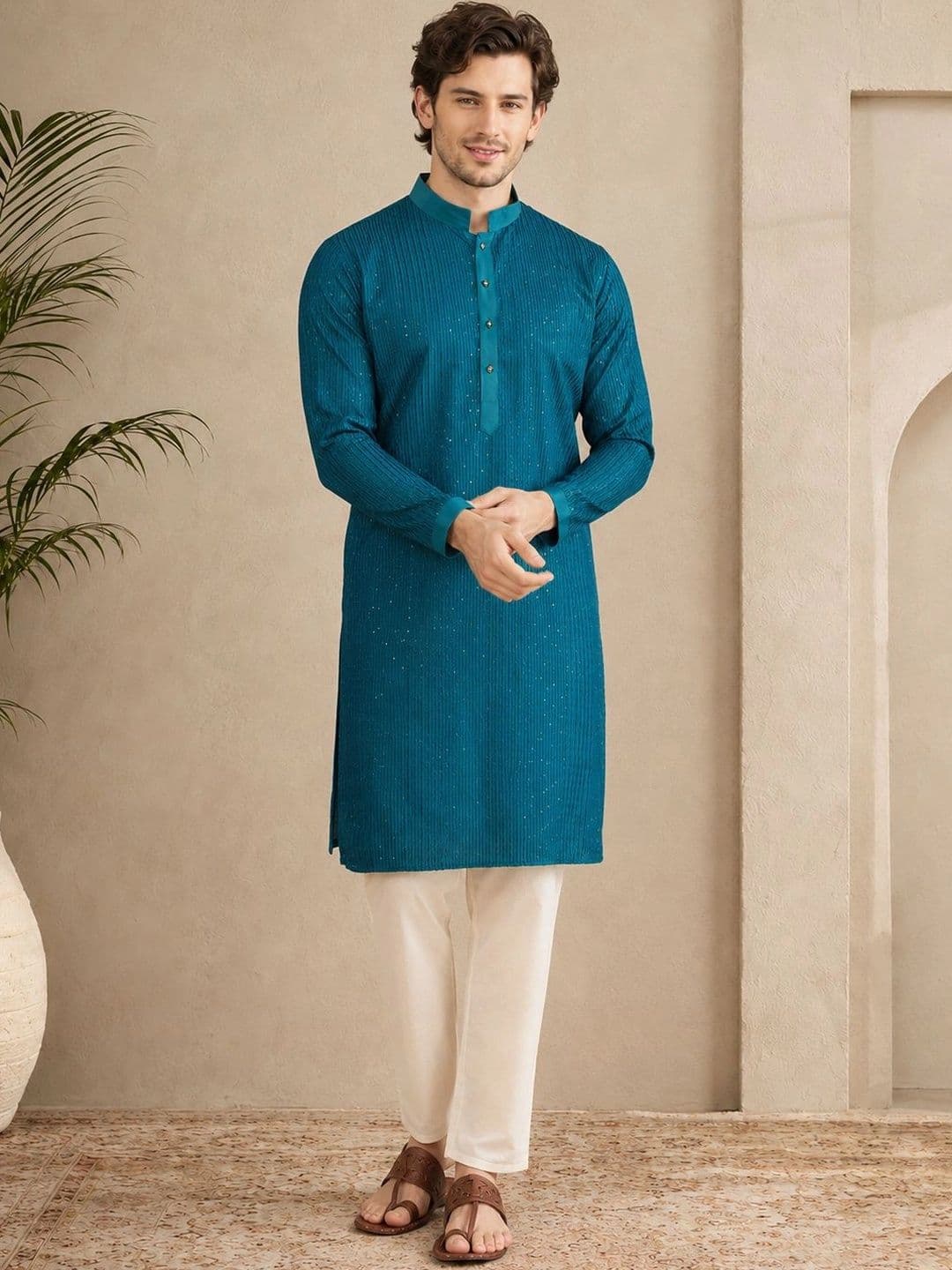 HERE&NOW Men Embroidered Sequinned Liva Kurta - view 1
