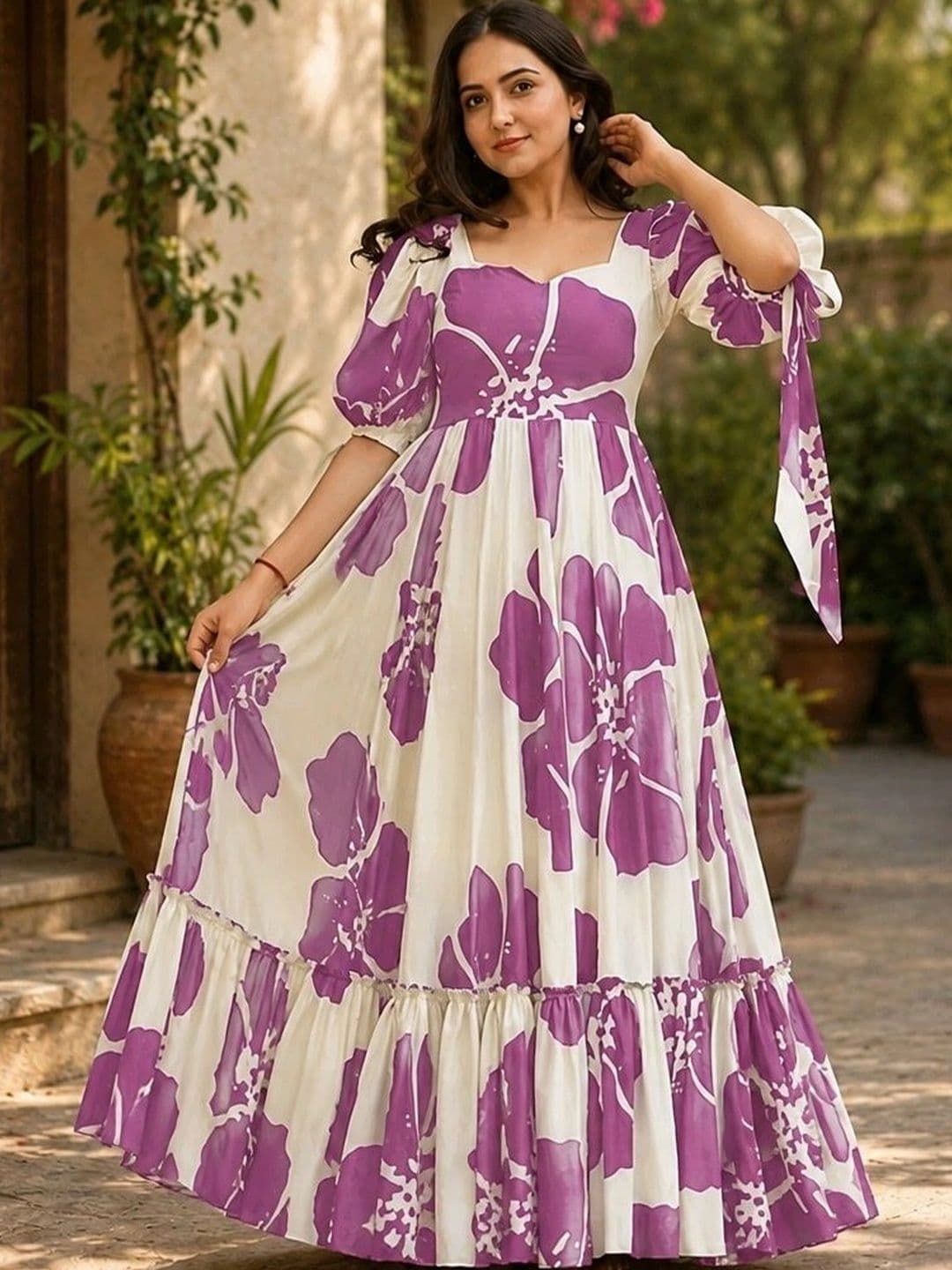 HERE&NOW Printed Pure Cotton Square Neck Gown Ethnic Dresses - view 1