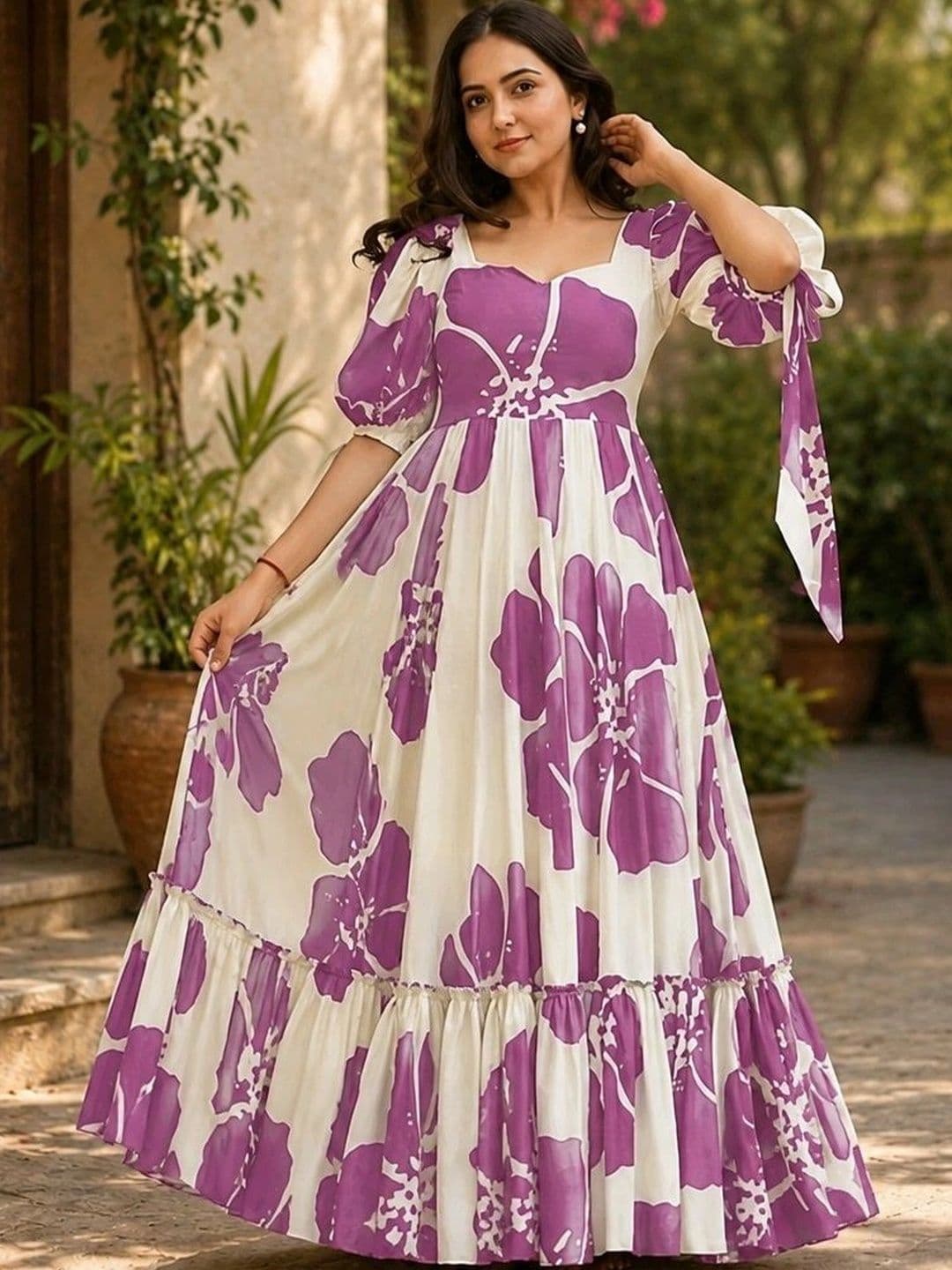HERE&NOW Printed Pure Cotton Square Neck Gown Ethnic Dresses - view 1