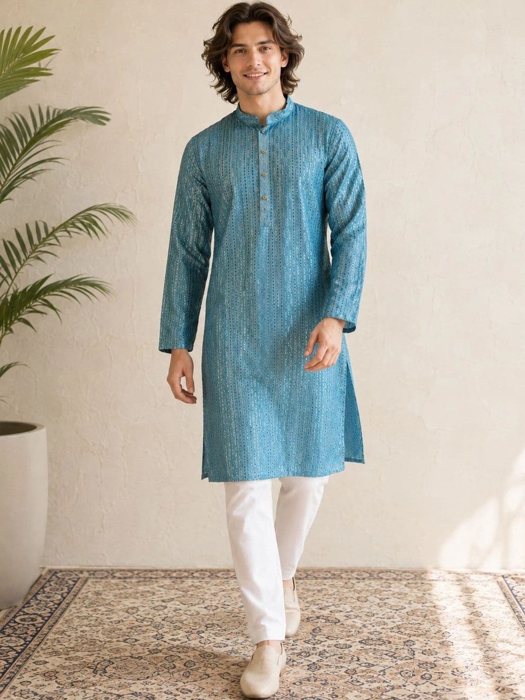 House of Pataudi Men Embroidered Sequinned Kurta - view 1