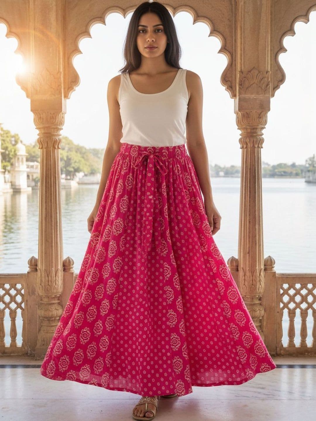 AASK Women White Cotton Blend Floral Maxi A-Line Flared Tie-Up Skirt - view 1