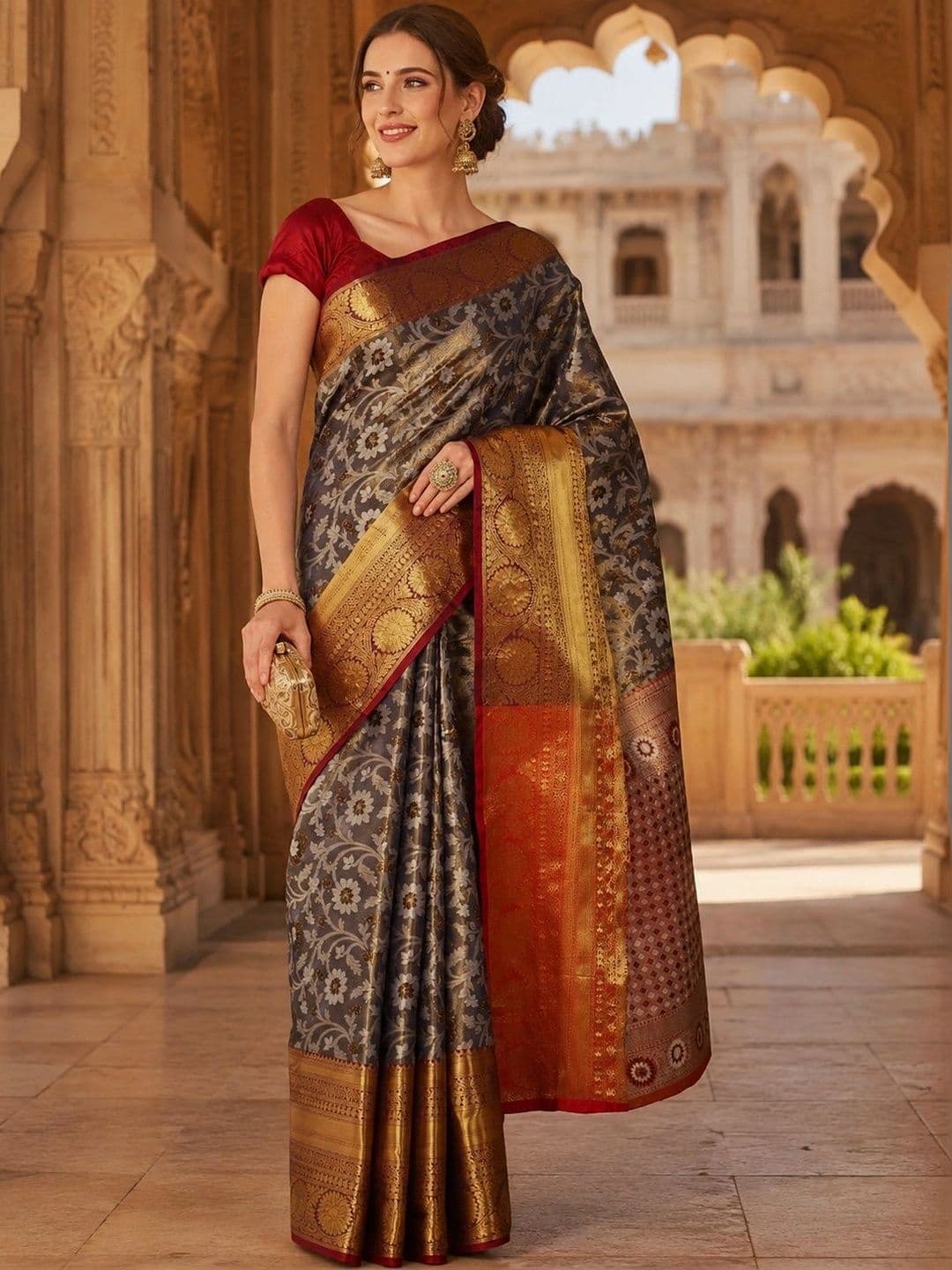 HERE&NOW Ethnic Motifs Zari Silk Blend Heavy Work Banarasi Saree - view 1