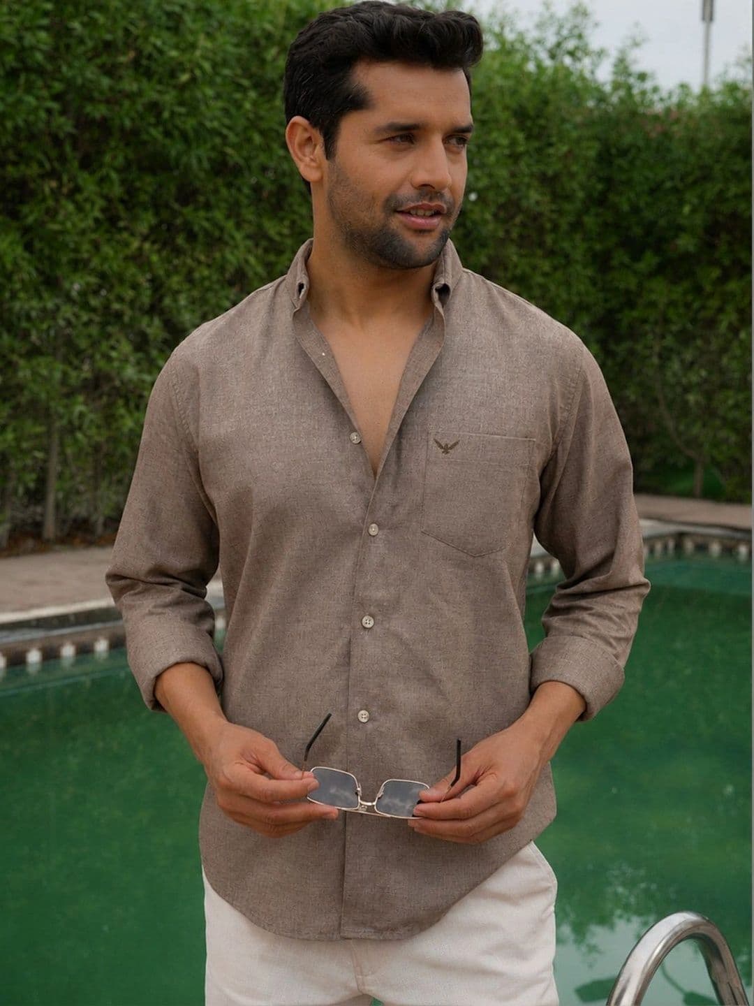 PERCH India Slim Textured Button-Down Collar Slim Fit Linen Cotton Casual Shirt - view 1