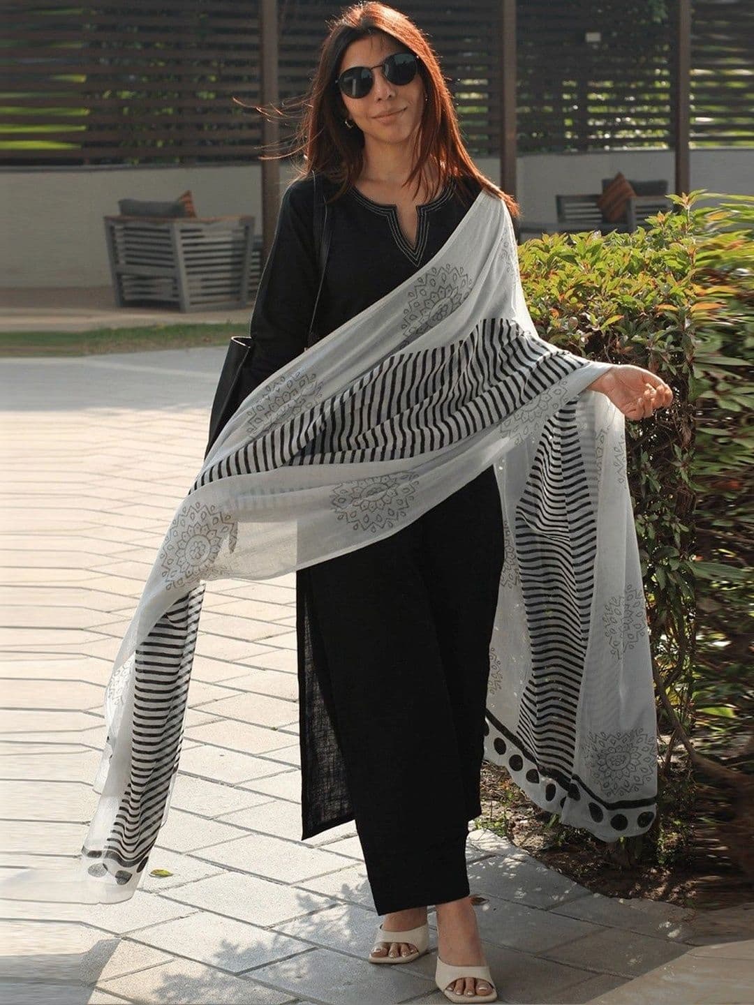 GoSriKi Printed V-Neck Straight Kurta With Palazzos & Dupatta - view 1
