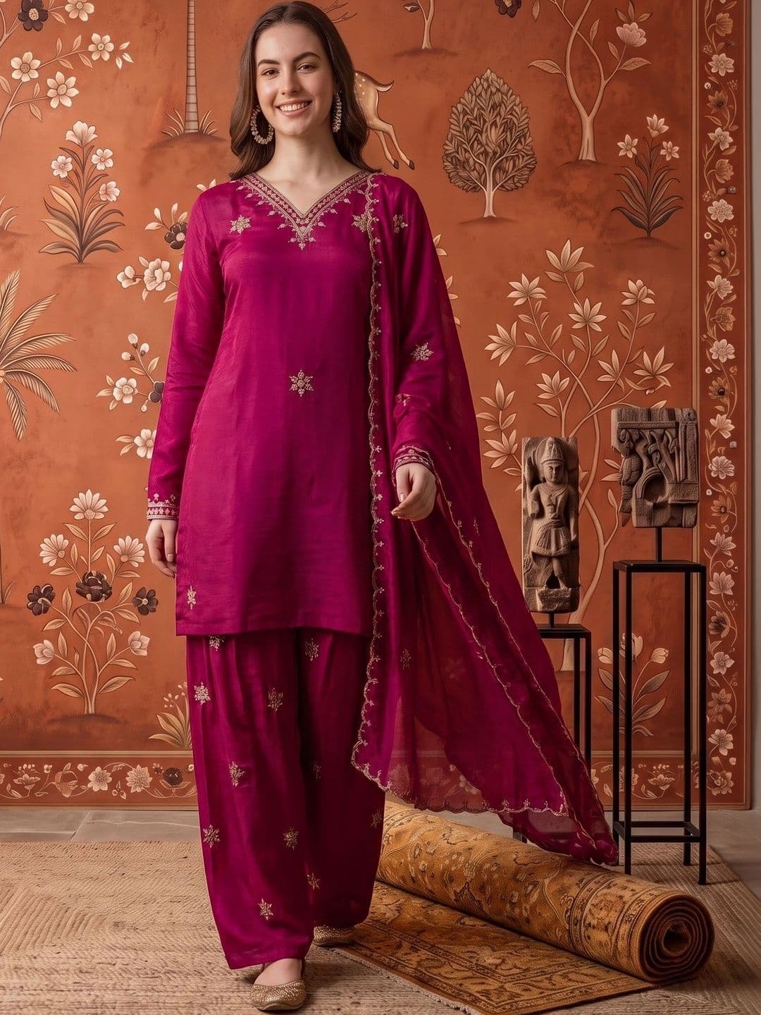 Sangria Women Ethnic Motifs Embroidered Regular Thread Work Kurta with Sharara & Dupatta - view 1