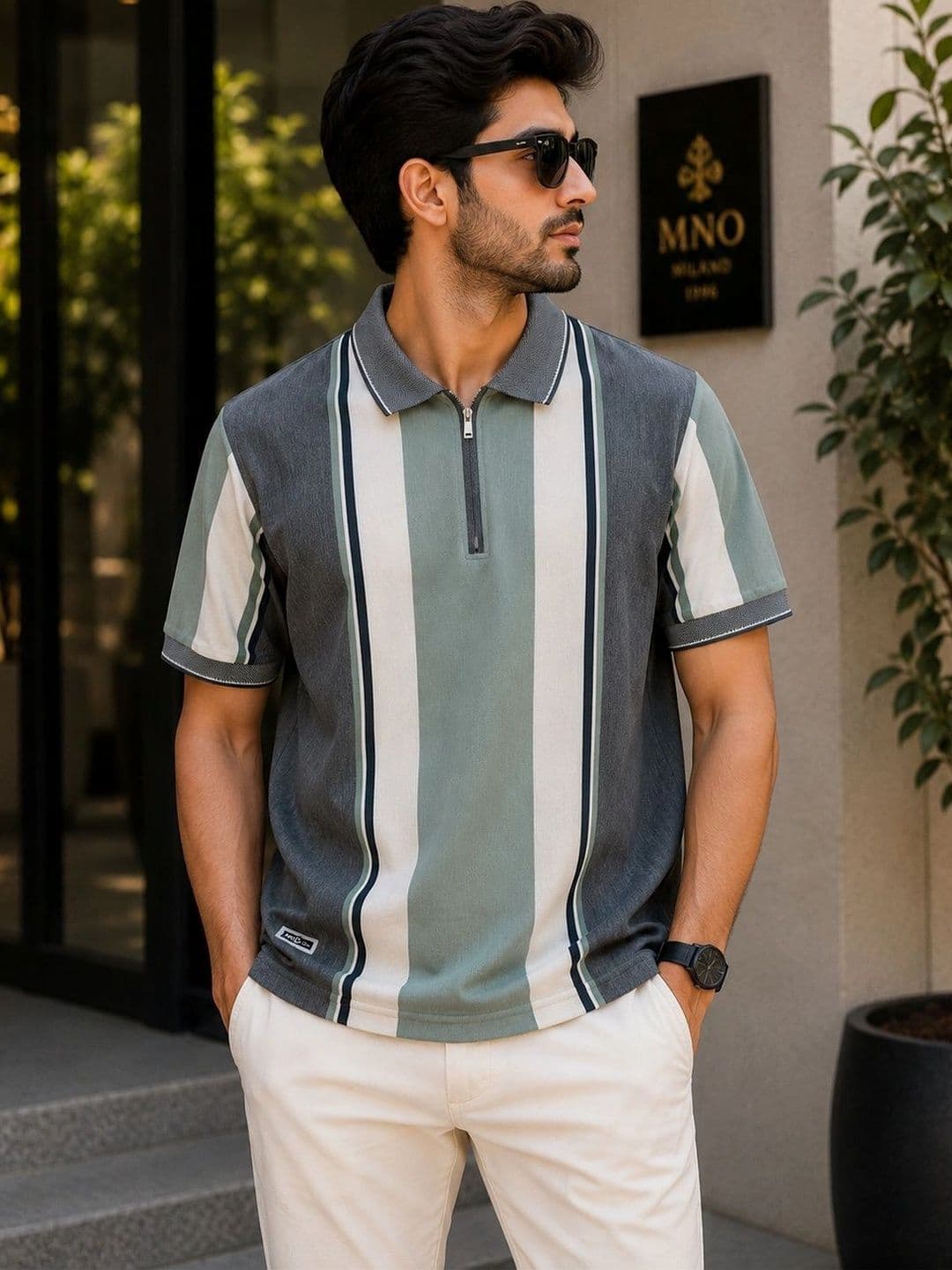 MNO Men Striped Polo Collar T-shirt - view 1