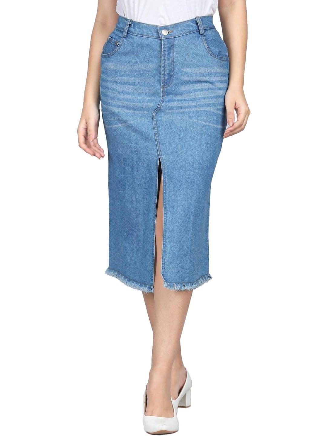 Peptrends Women Denim Frayed Denim Front Slit Midi Skirts - view 1