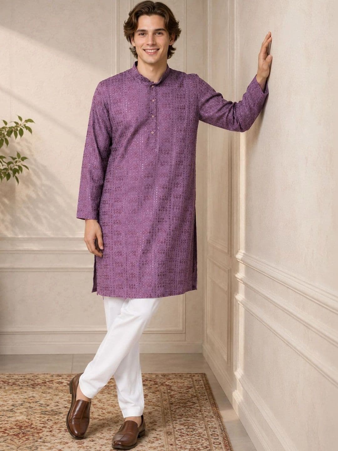 House of Pataudi Men Embroidered Sequinned Kurta - view 1