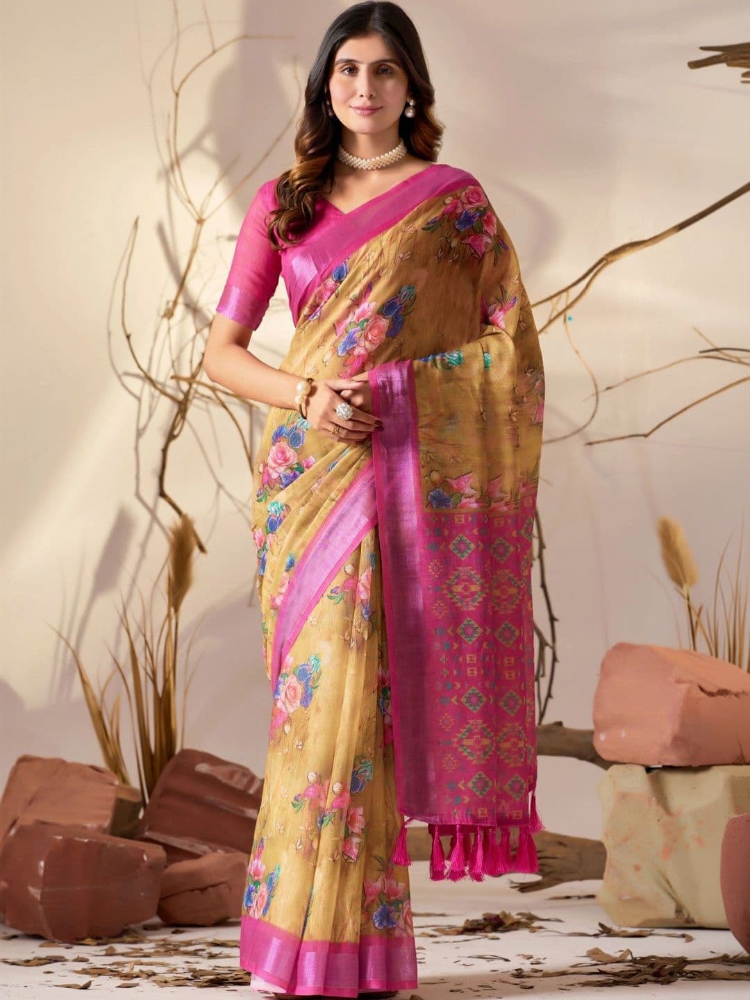 KALINI Floral Zari Linen Blend Designer Saree - view 1